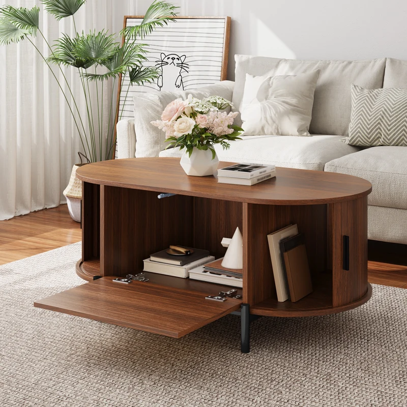 Table basse ovale effet noyer portes en rotin, pieds métal noir 100x50cm BIRCHMAX