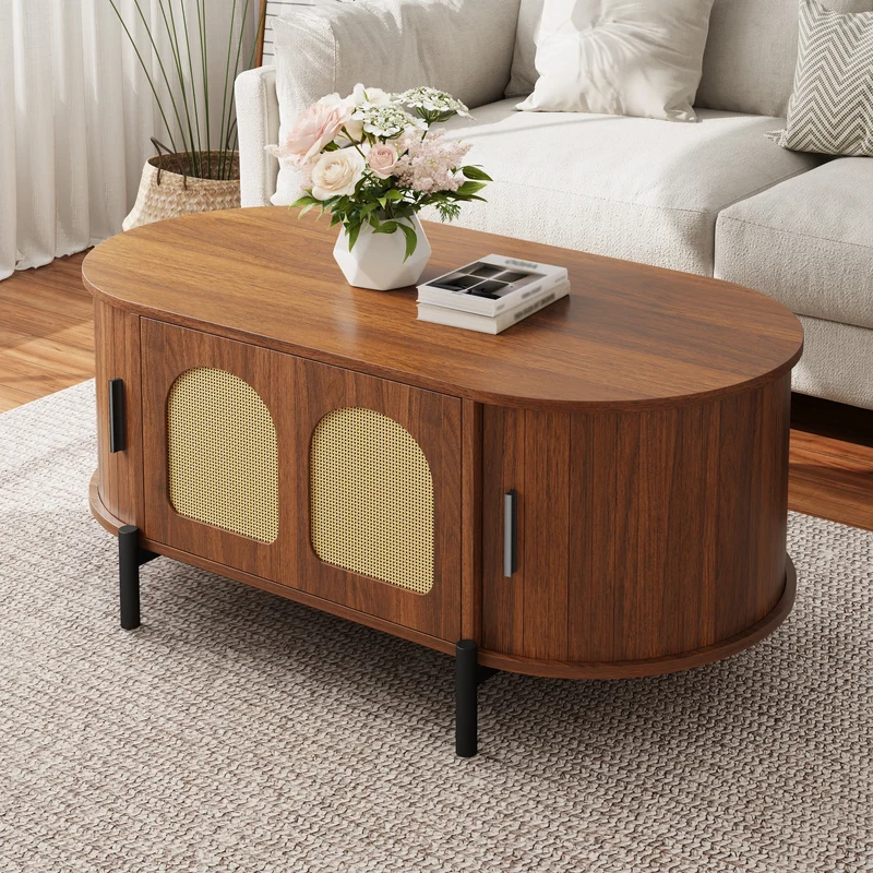 Table basse ovale effet noyer portes en rotin, pieds métal noir 100x50cm BIRCHMAX