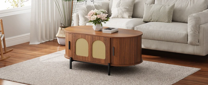 Table basse ovale effet noyer portes en rotin, pieds métal noir 100x50cm BIRCHMAX