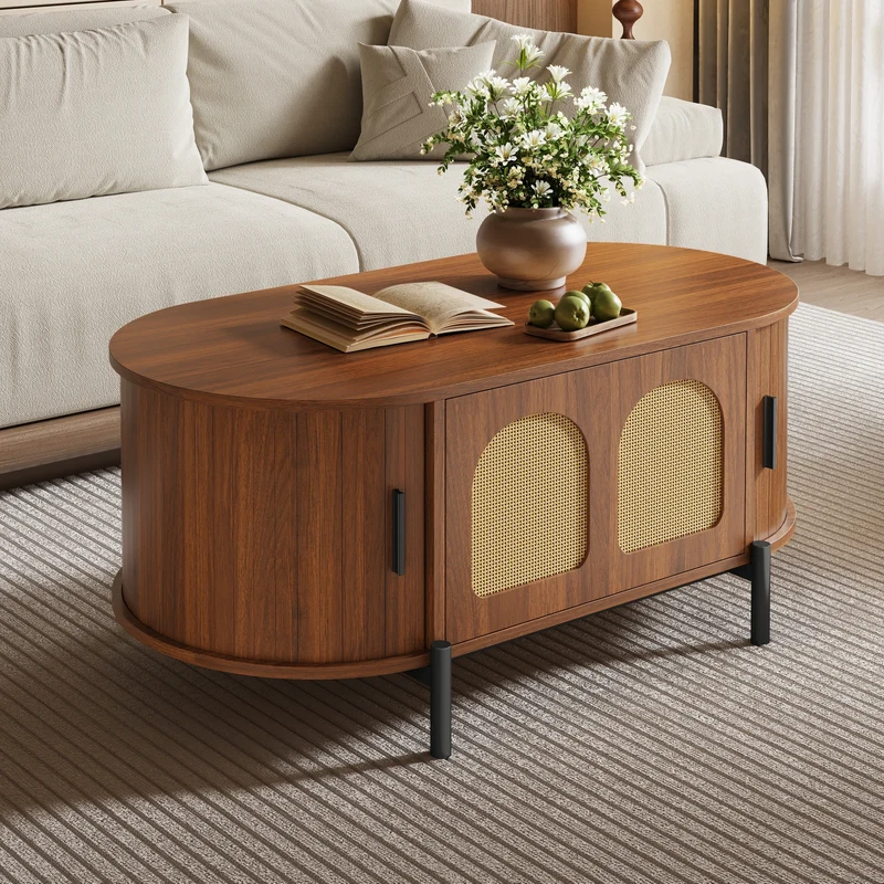 Table basse ovale effet noyer portes en rotin, pieds métal noir 100x50cm BIRCHMAX