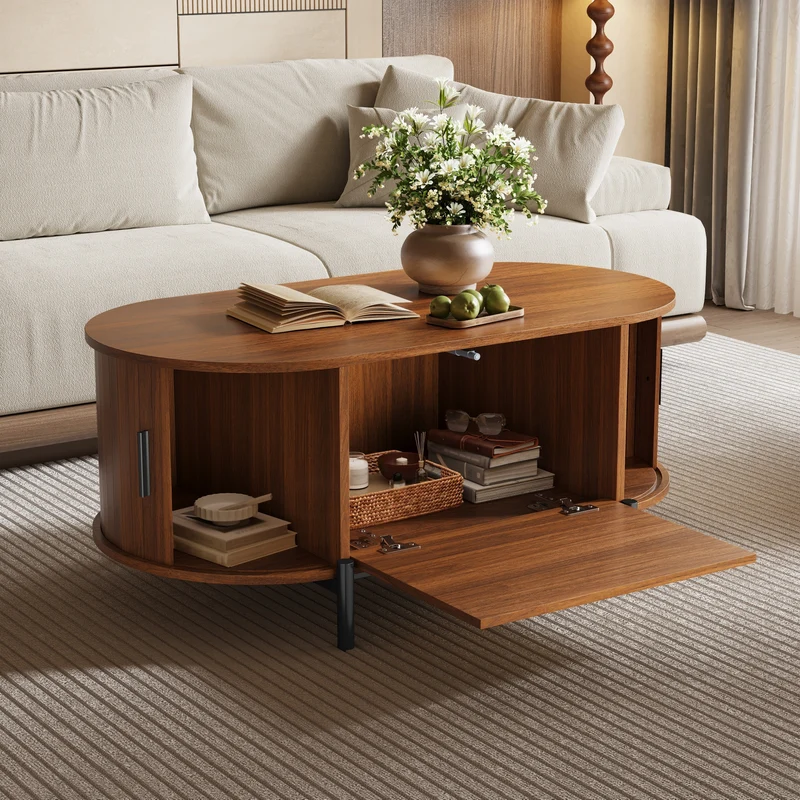 Table basse ovale effet noyer portes en rotin, pieds métal noir 100x50cm BIRCHMAX