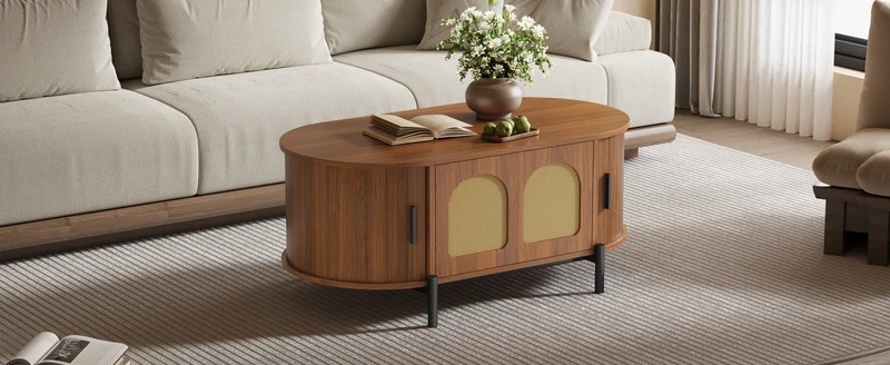 Table basse ovale effet noyer portes en rotin, pieds métal noir 100x50cm BIRCHMAX
