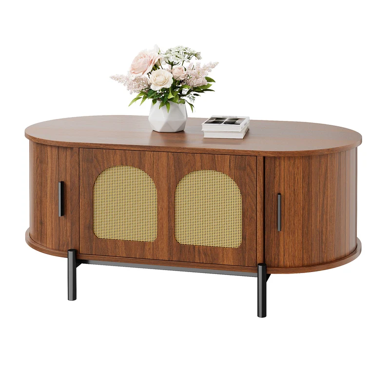 Table basse ovale effet noyer portes en rotin, pieds métal noir 100x50cm BIRCHMAX