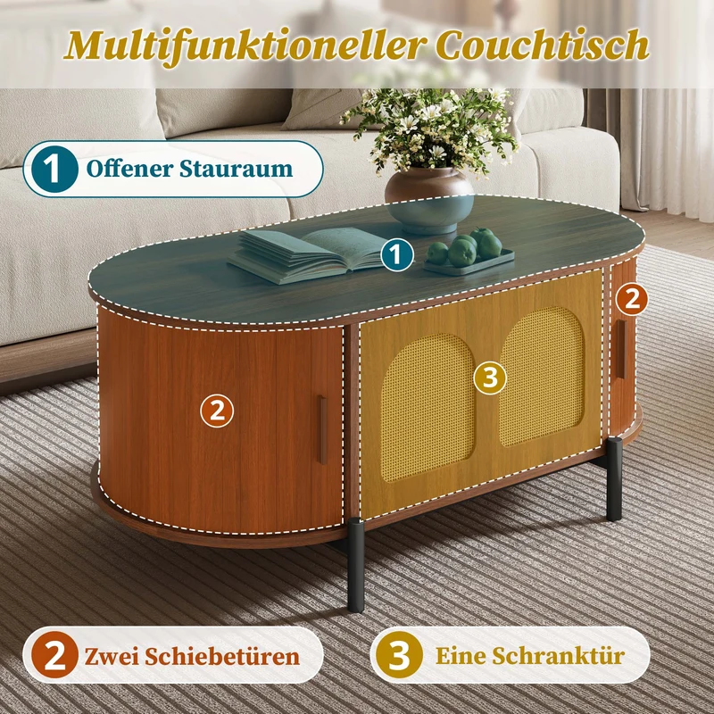 Table basse ovale effet noyer portes en rotin, pieds métal noir 100x50cm BIRCHMAX