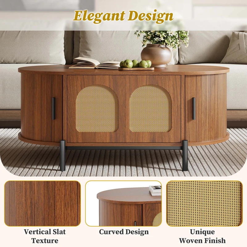 Table basse ovale effet noyer portes en rotin, pieds métal noir 100x50cm BIRCHMAX