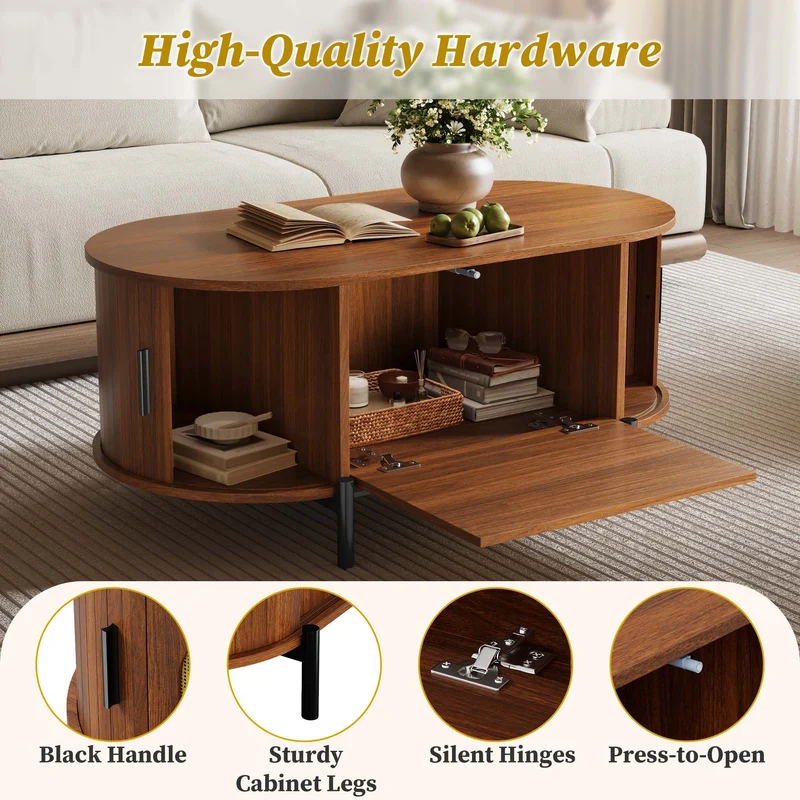 Table basse ovale effet noyer portes en rotin, pieds métal noir 100x50cm BIRCHMAX