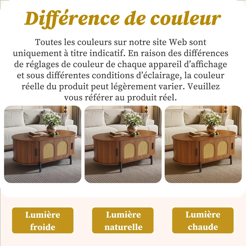 Table basse ovale effet noyer portes en rotin, pieds métal noir 100x50cm BIRCHMAX