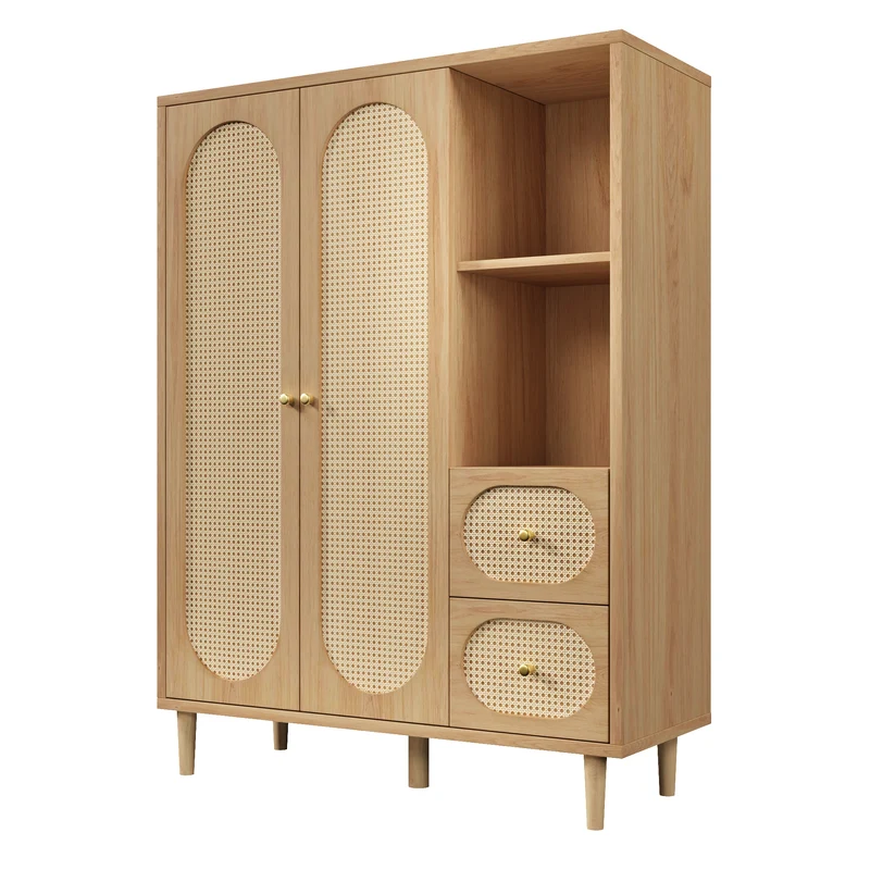 Armoire effet bois chêne penderie 2 portes, 2 tiroirs, étagères ouvertes 161x120x44cm BOOKCASEART