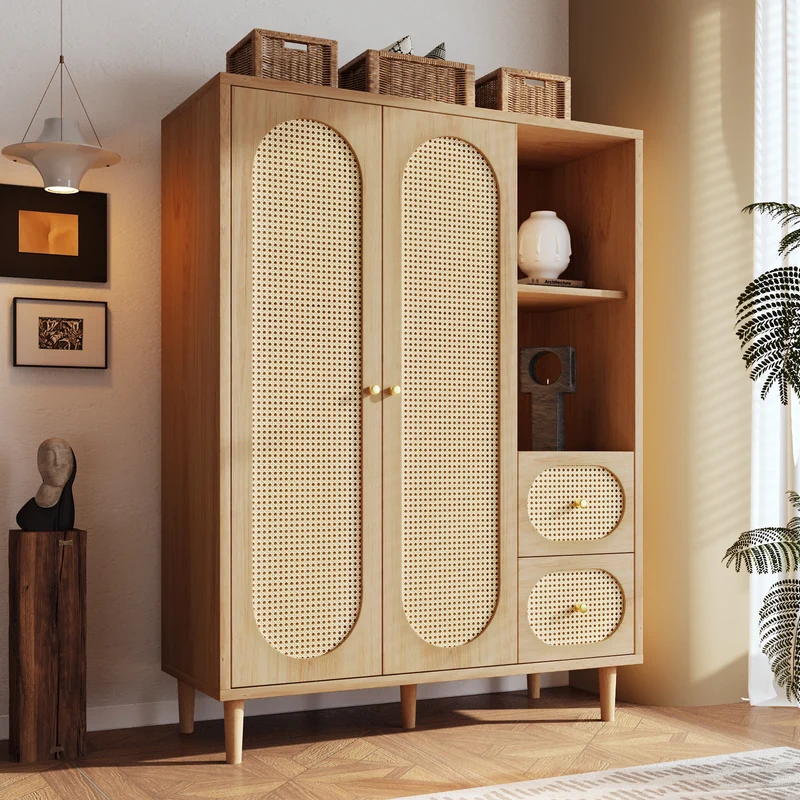 Armoire effet bois chêne penderie 2 portes, 2 tiroirs, étagères ouvertes 161x120x44cm BOOKCASEART