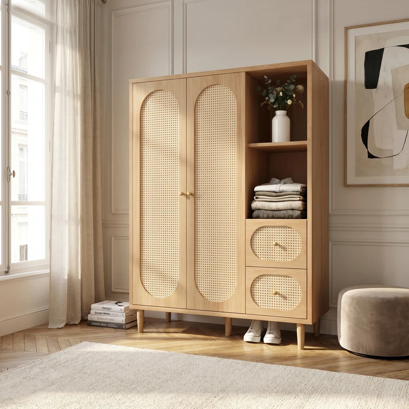 Armoire effet bois chêne penderie 2 portes, 2 tiroirs, étagères ouvertes 161x120x44cm BOOKCASEART