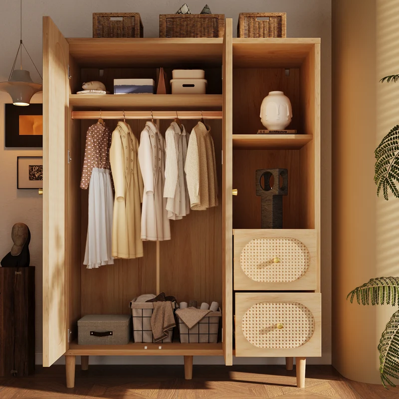 Armoire effet bois chêne penderie 2 portes, 2 tiroirs, étagères ouvertes 161x120x44cm BOOKCASEART