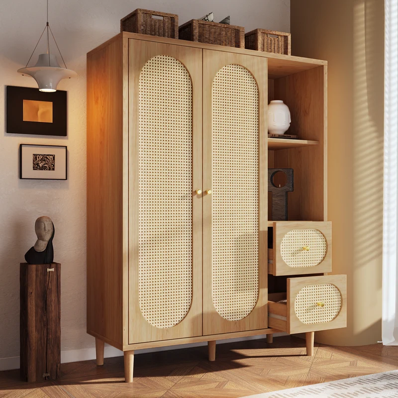 Armoire effet bois chêne penderie 2 portes, 2 tiroirs, étagères ouvertes 161x120x44cm BOOKCASEART
