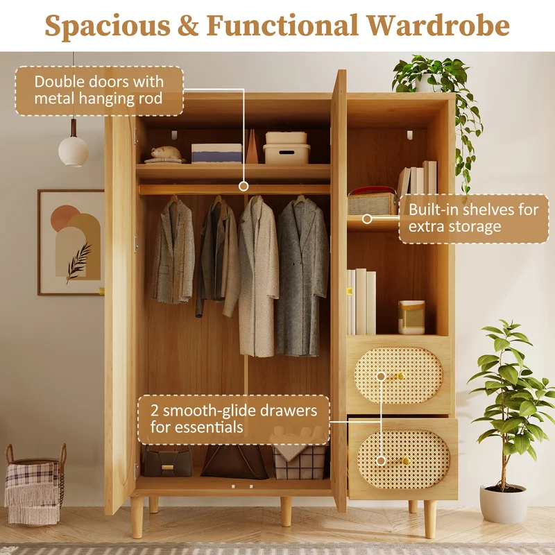 Armoire effet bois chêne penderie 2 portes, 2 tiroirs, étagères ouvertes 161x120x44cm BOOKCASEART