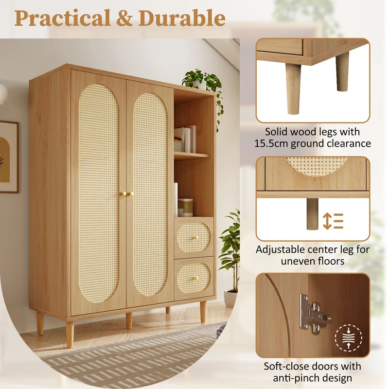 Armoire effet bois chêne penderie 2 portes, 2 tiroirs, étagères ouvertes 161x120x44cm BOOKCASEART