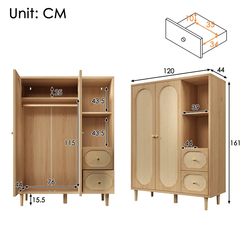 Armoire effet bois chêne penderie 2 portes, 2 tiroirs, étagères ouvertes 161x120x44cm BOOKCASEART