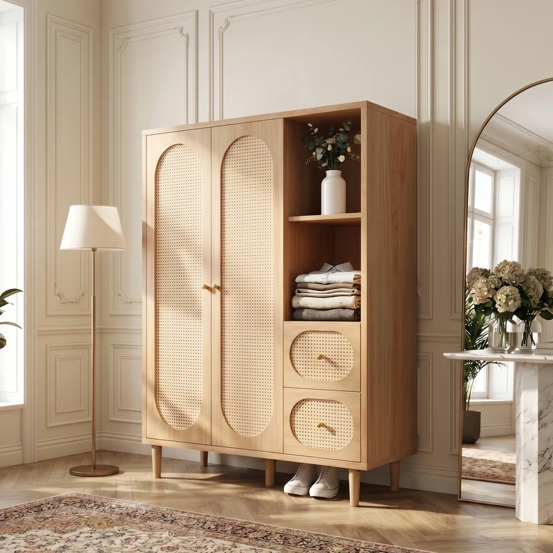Armoire effet bois chêne penderie 2 portes, 2 tiroirs, étagères ouvertes 161x120x44cm BOOKCASEART