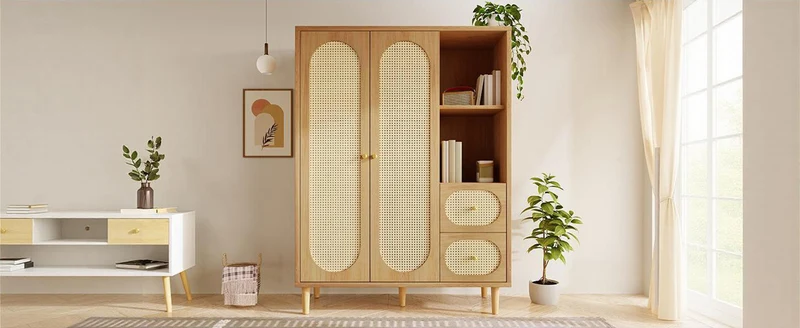 Armoire effet bois chêne penderie 2 portes, 2 tiroirs, étagères ouvertes 161x120x44cm BOOKCASEART
