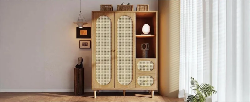 Armoire effet bois chêne penderie 2 portes, 2 tiroirs, étagères ouvertes 161x120x44cm BOOKCASEART