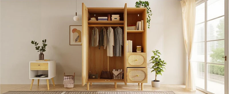 Armoire effet bois chêne penderie 2 portes, 2 tiroirs, étagères ouvertes 161x120x44cm BOOKCASEART