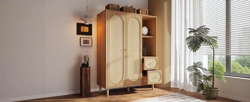 Armoire effet bois chêne penderie 2 portes, 2 tiroirs, étagères ouvertes 161x120x44cm BOOKCASEART