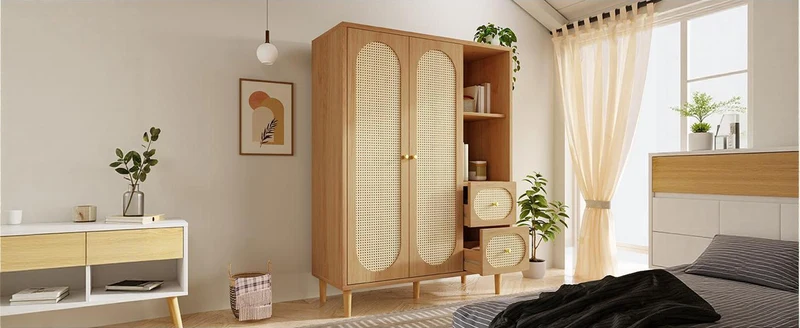 Armoire effet bois chêne penderie 2 portes, 2 tiroirs, étagères ouvertes 161x120x44cm BOOKCASEART