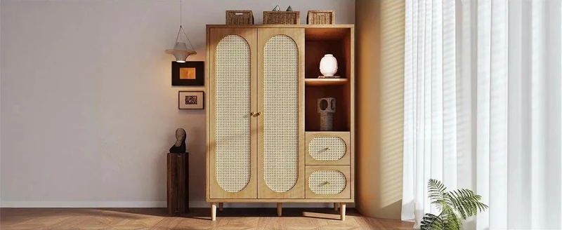 Armoire effet bois chêne penderie 2 portes, 2 tiroirs, étagères ouvertes 161x120x44cm BOOKCASEART