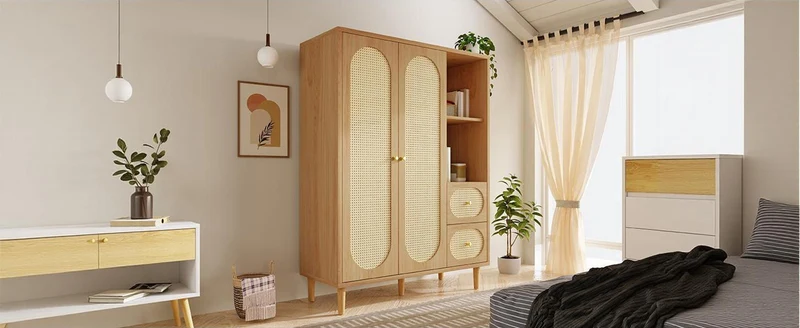 Armoire effet bois chêne penderie 2 portes, 2 tiroirs, étagères ouvertes 161x120x44cm BOOKCASEART