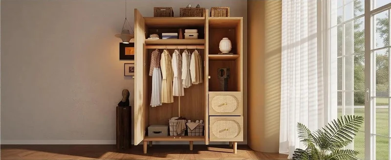Armoire effet bois chêne penderie 2 portes, 2 tiroirs, étagères ouvertes 161x120x44cm BOOKCASEART
