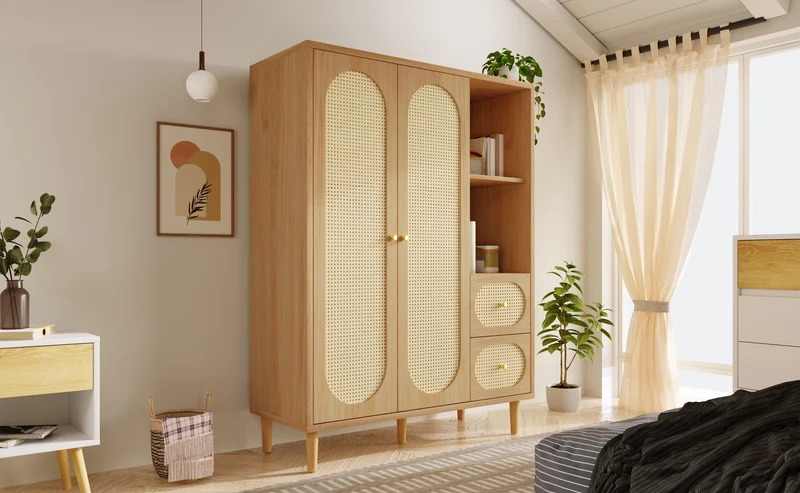 Armoire effet bois chêne penderie 2 portes, 2 tiroirs, étagères ouvertes 161x120x44cm BOOKCASEART