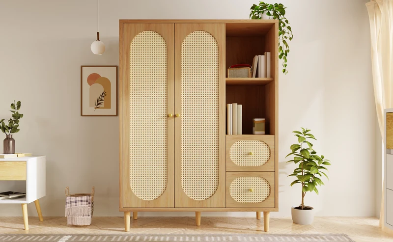 Armoire effet bois chêne penderie 2 portes, 2 tiroirs, étagères ouvertes 161x120x44cm BOOKCASEART