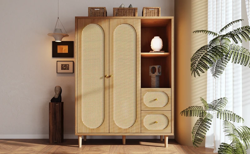 Armoire effet bois chêne penderie 2 portes, 2 tiroirs, étagères ouvertes 161x120x44cm BOOKCASEART