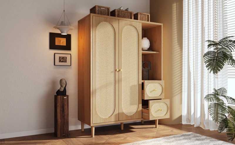 Armoire effet bois chêne penderie 2 portes, 2 tiroirs, étagères ouvertes 161x120x44cm BOOKCASEART