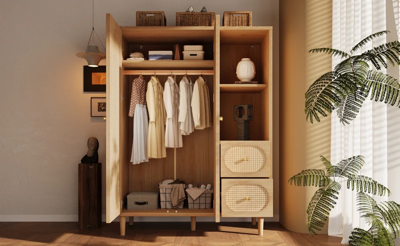 Armoire effet bois chêne penderie 2 portes, 2 tiroirs, étagères ouvertes 161x120x44cm BOOKCASEART