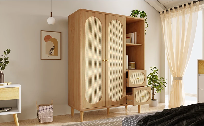 Armoire effet bois chêne penderie 2 portes, 2 tiroirs, étagères ouvertes 161x120x44cm BOOKCASEART