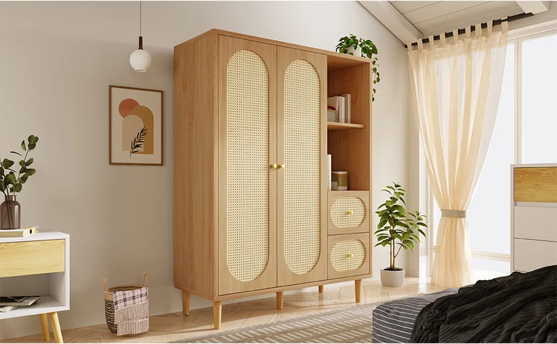 Armoire effet bois chêne penderie 2 portes, 2 tiroirs, étagères ouvertes 161x120x44cm BOOKCASEART
