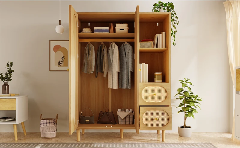 Armoire effet bois chêne penderie 2 portes, 2 tiroirs, étagères ouvertes 161x120x44cm BOOKCASEART