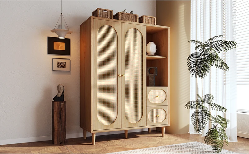 Armoire effet bois chêne penderie 2 portes, 2 tiroirs, étagères ouvertes 161x120x44cm BOOKCASEART
