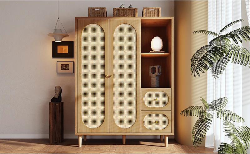 Armoire effet bois chêne penderie 2 portes, 2 tiroirs, étagères ouvertes 161x120x44cm BOOKCASEART