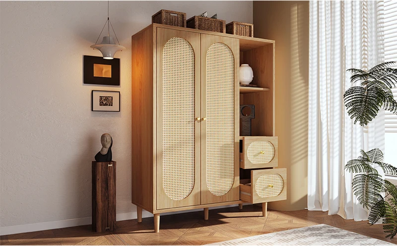 Armoire effet bois chêne penderie 2 portes, 2 tiroirs, étagères ouvertes 161x120x44cm BOOKCASEART