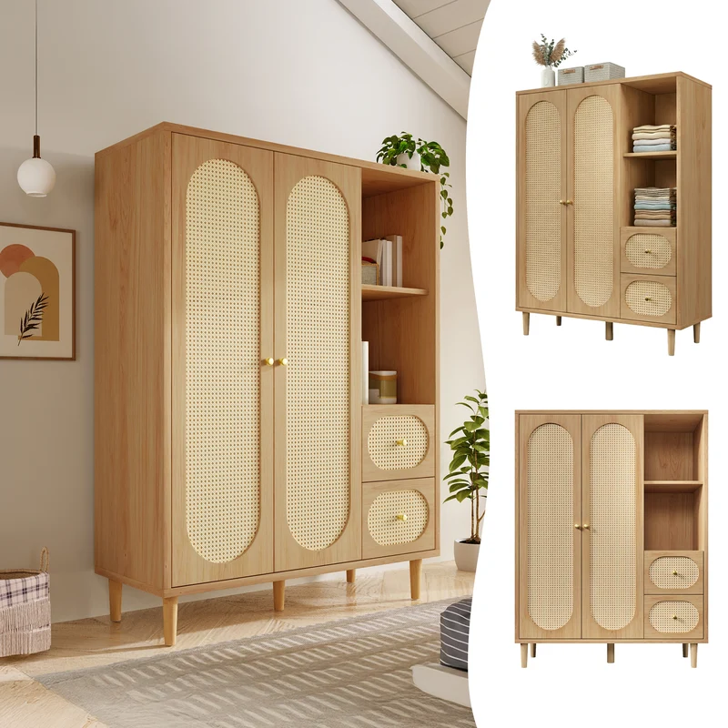 Armoire effet bois chêne penderie 2 portes, 2 tiroirs, étagères ouvertes 161x120x44cm BOOKCASEART