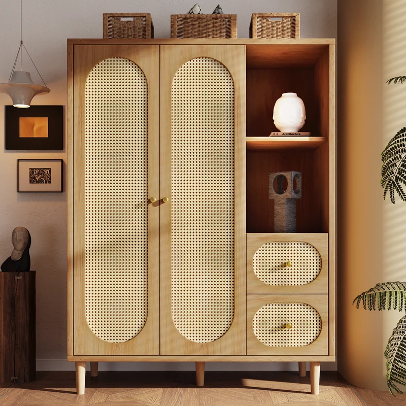 Armoire effet bois chêne penderie 2 portes, 2 tiroirs, étagères ouvertes 161x120x44cm BOOKCASEART