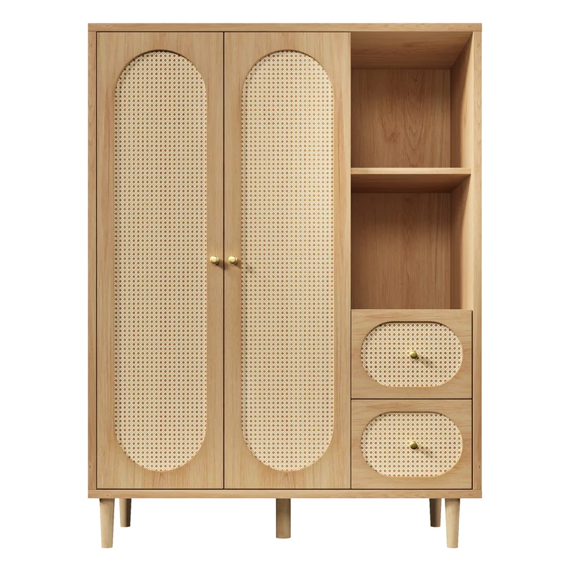 Armoire effet bois chêne penderie 2 portes, 2 tiroirs, étagères ouvertes 161x120x44cm BOOKCASEART