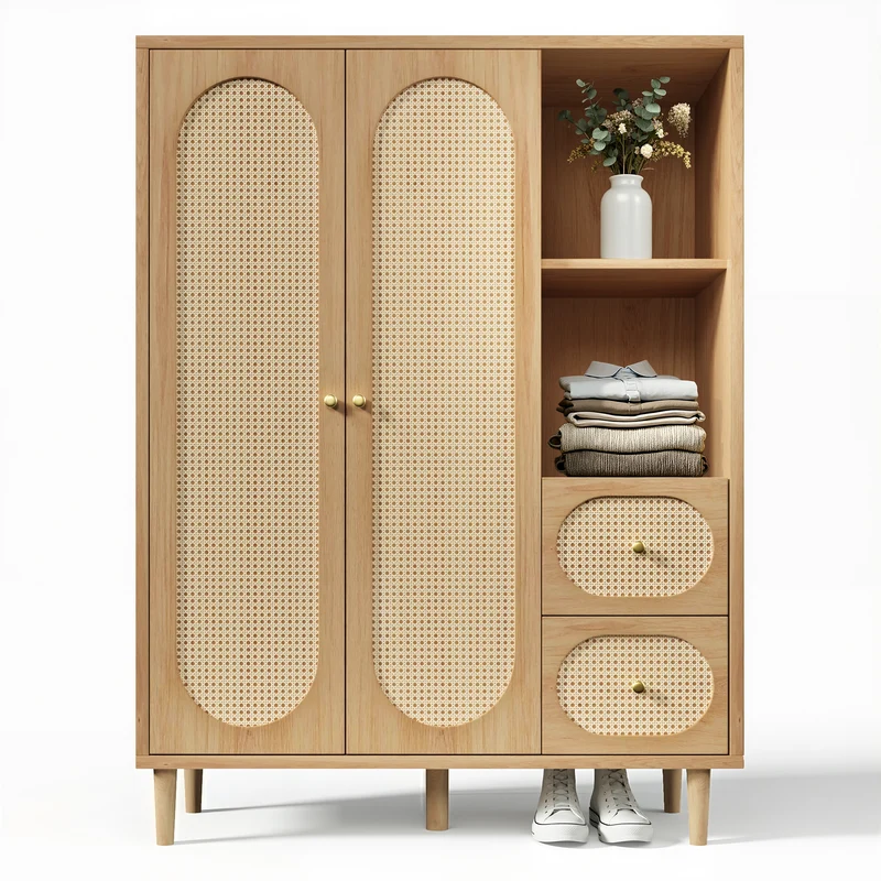 Armoire effet bois chêne penderie 2 portes, 2 tiroirs, étagères ouvertes 161x120x44cm BOOKCASEART