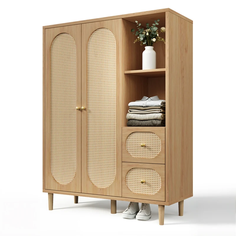 Armoire effet bois chêne penderie 2 portes, 2 tiroirs, étagères ouvertes 161x120x44cm BOOKCASEART