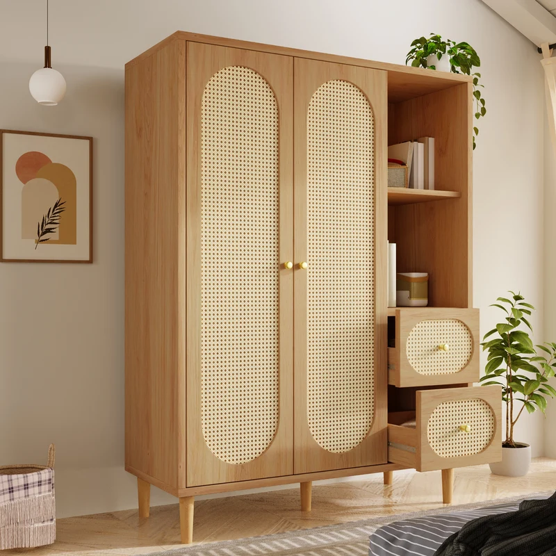 Armoire effet bois chêne penderie 2 portes, 2 tiroirs, étagères ouvertes 161x120x44cm BOOKCASEART