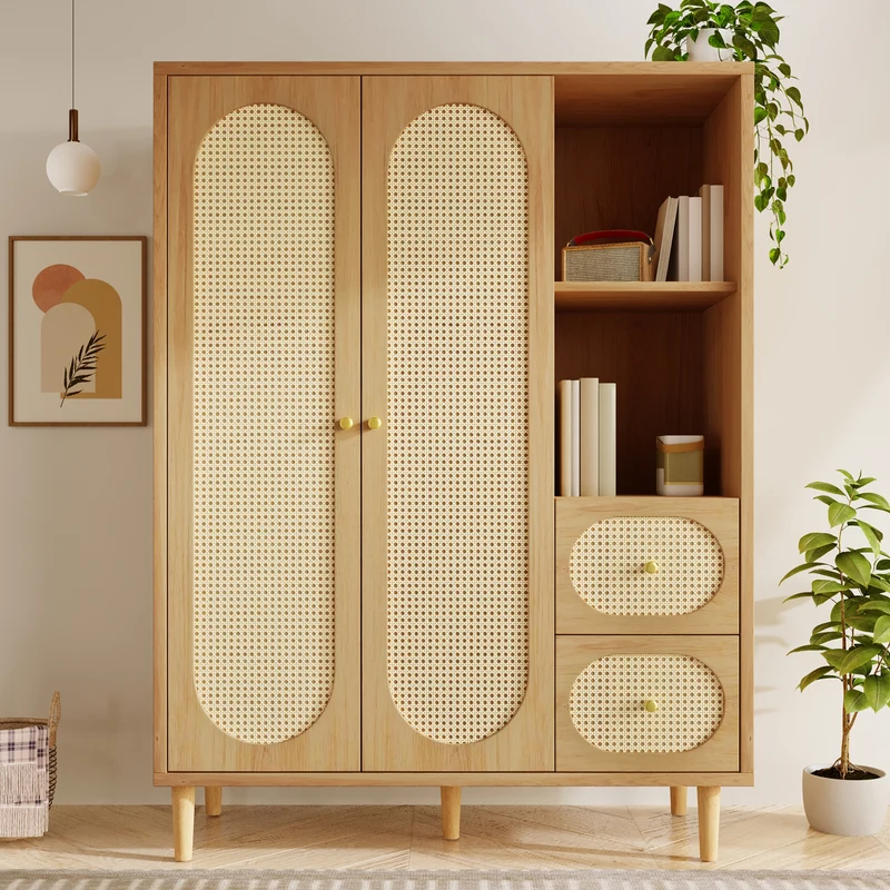 Armoire effet bois chêne penderie 2 portes, 2 tiroirs, étagères ouvertes 161x120x44cm BOOKCASEART