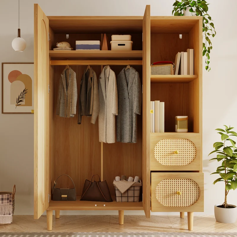 Armoire effet bois chêne penderie 2 portes, 2 tiroirs, étagères ouvertes 161x120x44cm BOOKCASEART