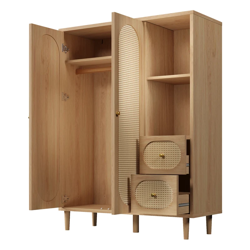 Armoire effet bois chêne penderie 2 portes, 2 tiroirs, étagères ouvertes 161x120x44cm BOOKCASEART