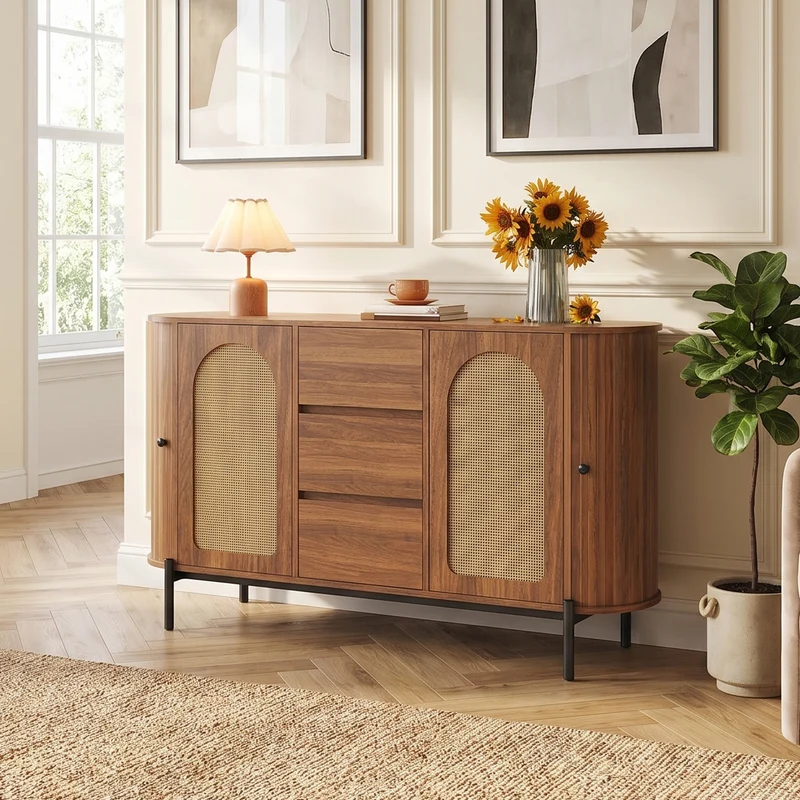 Buffet ovale effet bois noyer et rotin, pieds métal noir 140x38x77,5cm BIRCHOTTOMAN