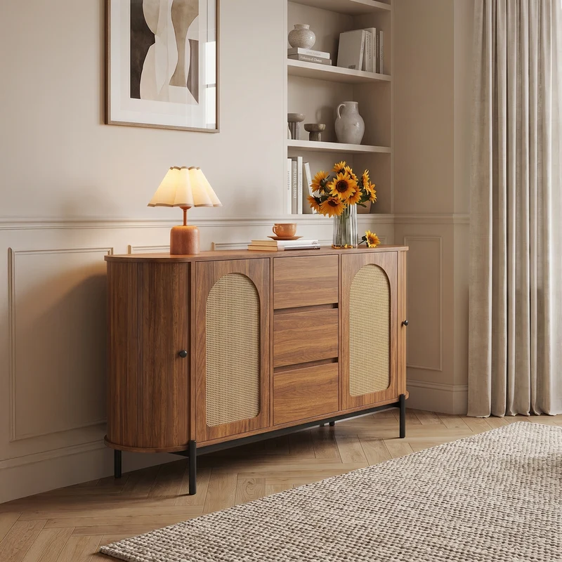 Buffet ovale effet bois noyer et rotin, pieds métal noir 140x38x77,5cm BIRCHOTTOMAN